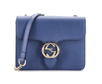 Gucci GG Dollar Calf Blue Interlocking Chain Handbag Leather Bag