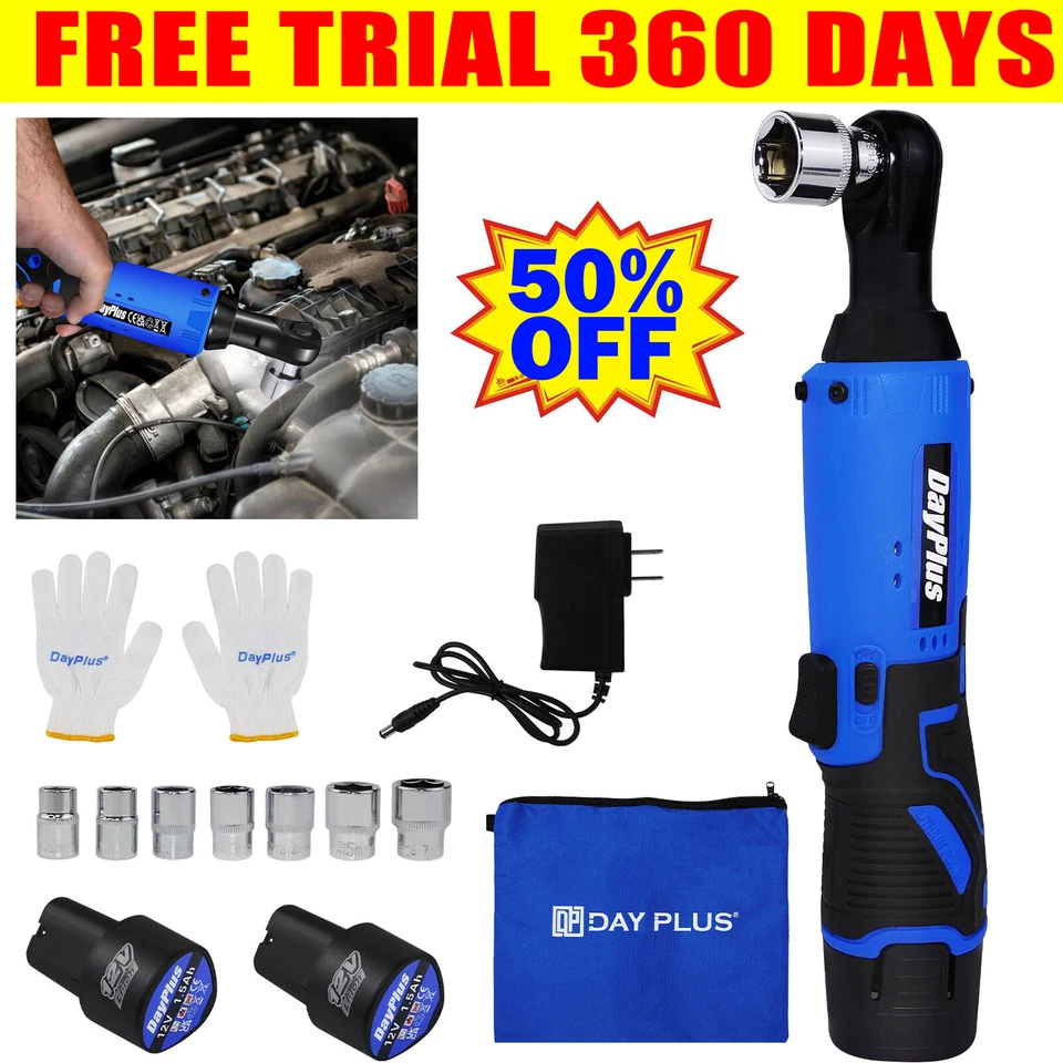 DAYPLUS Cordless Electric Ratchet Right Angle Wrench Tool 3/8' 90° 265Nm 2x Batteries