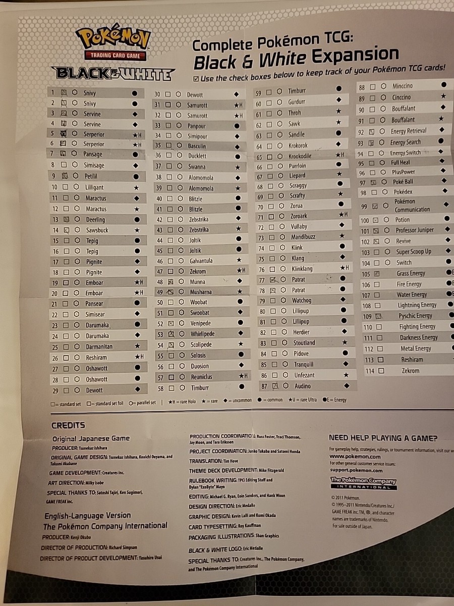 Pokmon TCG Black & White Expansion Checklist Insert folded Pokmon TCG Black & White Expansion Checklist Insert folded