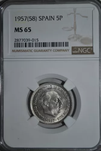 SPAIN 5 Pesetas 1957 / 58 NGC MS65  Top Pop 