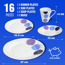 16PC DINNER SET BOWL PLATE MUG PORCELAIN CUP GIFT SERVICE BLUE & PURPLE PATTERNS