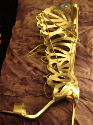 Silver faux leather spike heel strappy caged gladiator lace up sandal 8  8 1/2