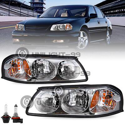 W/Bulbs For 2000-2005 Chevy Impala Chrome Housing Amber Headlight 00-05 Pair