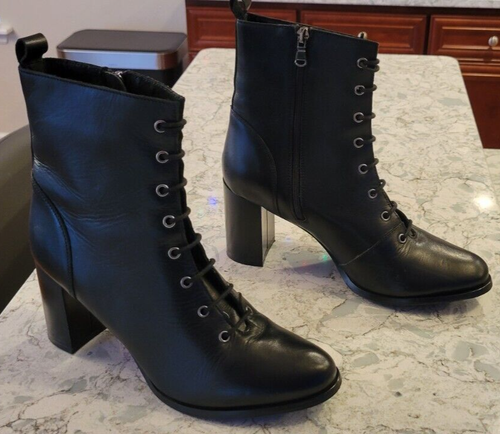 WOMEN'S FABIANELLI BOOTS BLACK LEATHER COMBAT LACE UP GRANNY ZIP UP SIZE 40 US 9 - Picture 3 of 9