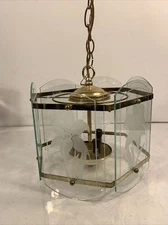 Vintage MCM Hanging Lamp Light Glass Retro Pendant Brass calla lily 8.5 H X 10”