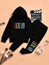 Shein Boys Letter Graphic Hoodie  Sweatpants, 7-8 Year