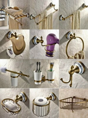 Vintage Antique Brass Bathroom Hardware Accessories Set Series Towel Shelf Bar - Image 1 of 4