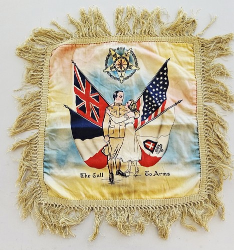 WWI Silk Patriotic Pillow Cover “The Call to Arms” Fringed 18" Liberty War...