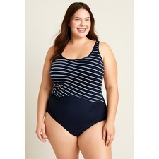 Lands  End Women  s 24W One-Piece Swimsuit Navy Stripe Slender Suit Built-In Bra