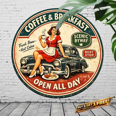 Retro Breakfast Diner Route Highway Metal Tin Sign Kitchen Wall Art 8x12