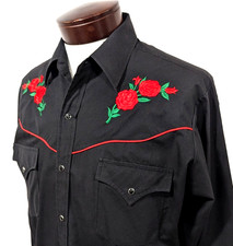 Vtg ELY CATTLEMAN Men's M Western Shirt Rodeo Cowboy Black w/EMBROIDERED Roses 