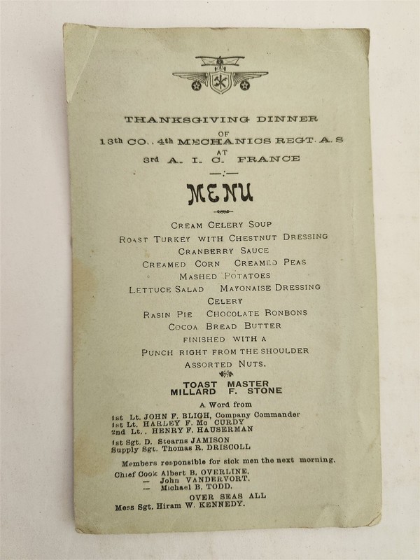 1918 antique WWI 18th CO 4th MECHANICS REGT AIR SERV france THANKSGIVING MENU 