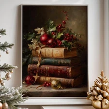 Vintage Book Stack Christmas Poster | Retro Holiday Ornament Wall Art Print