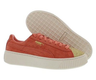 Puma Suede Platform Glam GS Girls Shoes Size 6.5, Color: Gold/Shell Pink