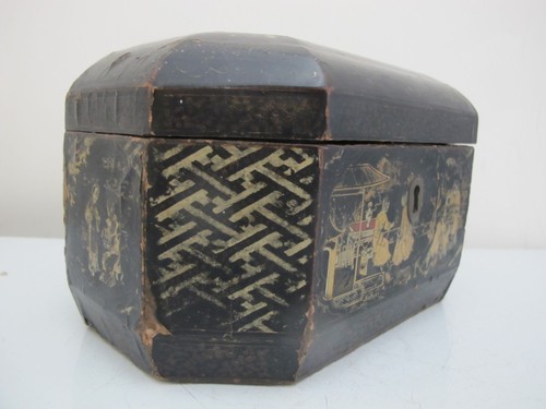 Antike CHINOISERIE vergoldete Lack figürlich achteckig Holz Zinn TEEDOSE Dose - Bild 2 von 12
