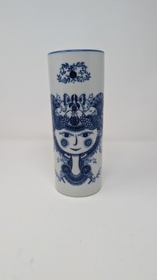 Vintage Artistic Seito Blue/White  Vase Scandinavian Style Face/Birds 8 Inches 