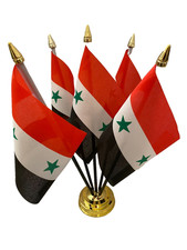 Syria Syrian 2 Star 5 Flag Flags Desk Table Centrepiece Display Gold Stands 12"