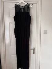 Black Jumpsuit Bodysuit - Size Large (12-14). Lace Neckline And Cinched At Waist