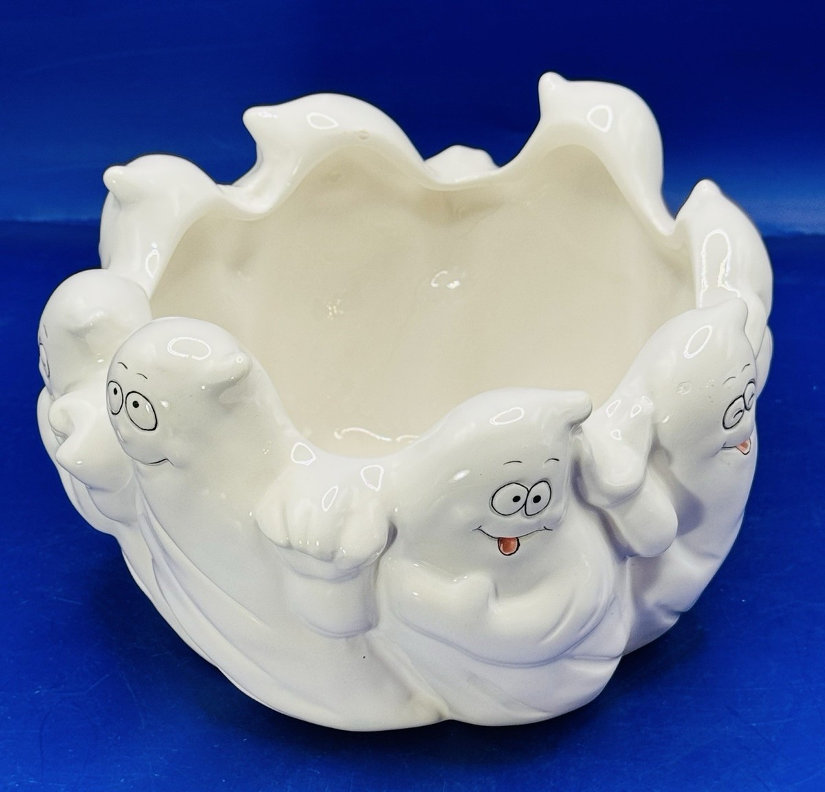 Vintage Spooky Ghosts Candy Bowl 3-D Halloween Ceramic 6.5