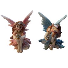 Juego de 2 estatuillas de hadas con esfera de cristal en rosa y azul brillo 2,25"