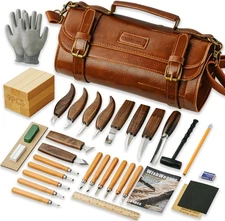 Wood Carving Kit, 44Pcs Wood Carving Tools Set with Thick Leather Storage Bag, D