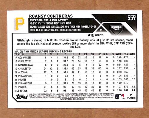 2023 Topps Series 2 - Future Stars Roansy Contreras #559 Purple Foil /799 - 第 2/2 張圖片