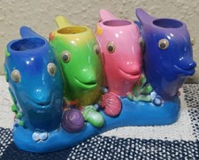 Vtg Challis  Roos Sea Life Whimsical Fish Toothbrush Holder 4-Spot Spring Tails