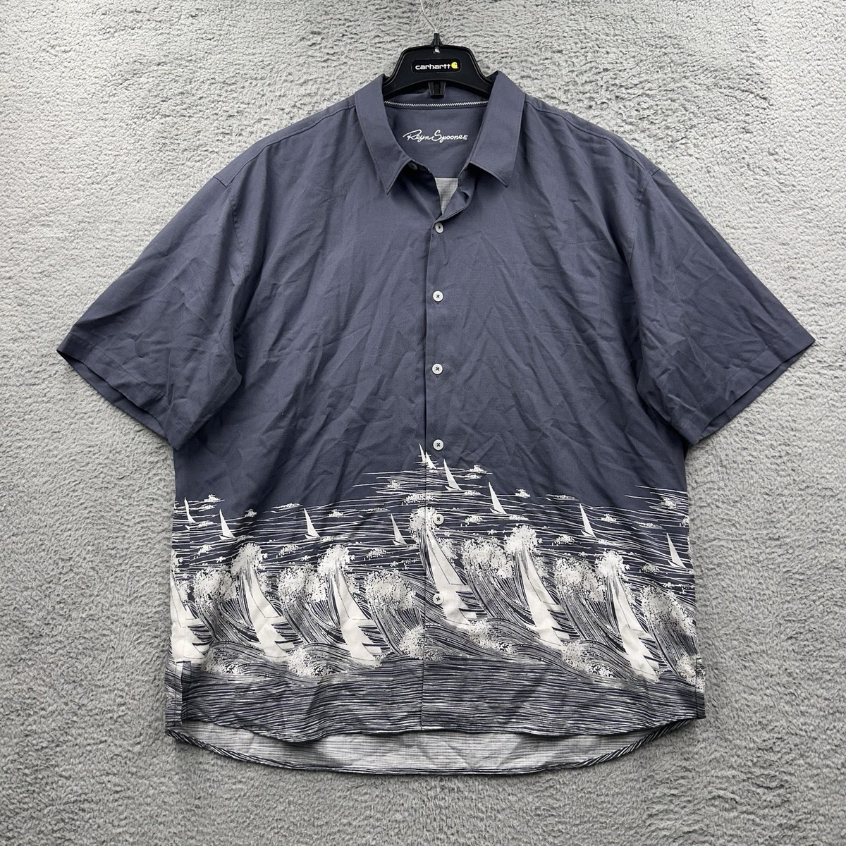 Reyn Spooner Shirt Mens XXL White Gray Button Up Hawaiian Hokusai