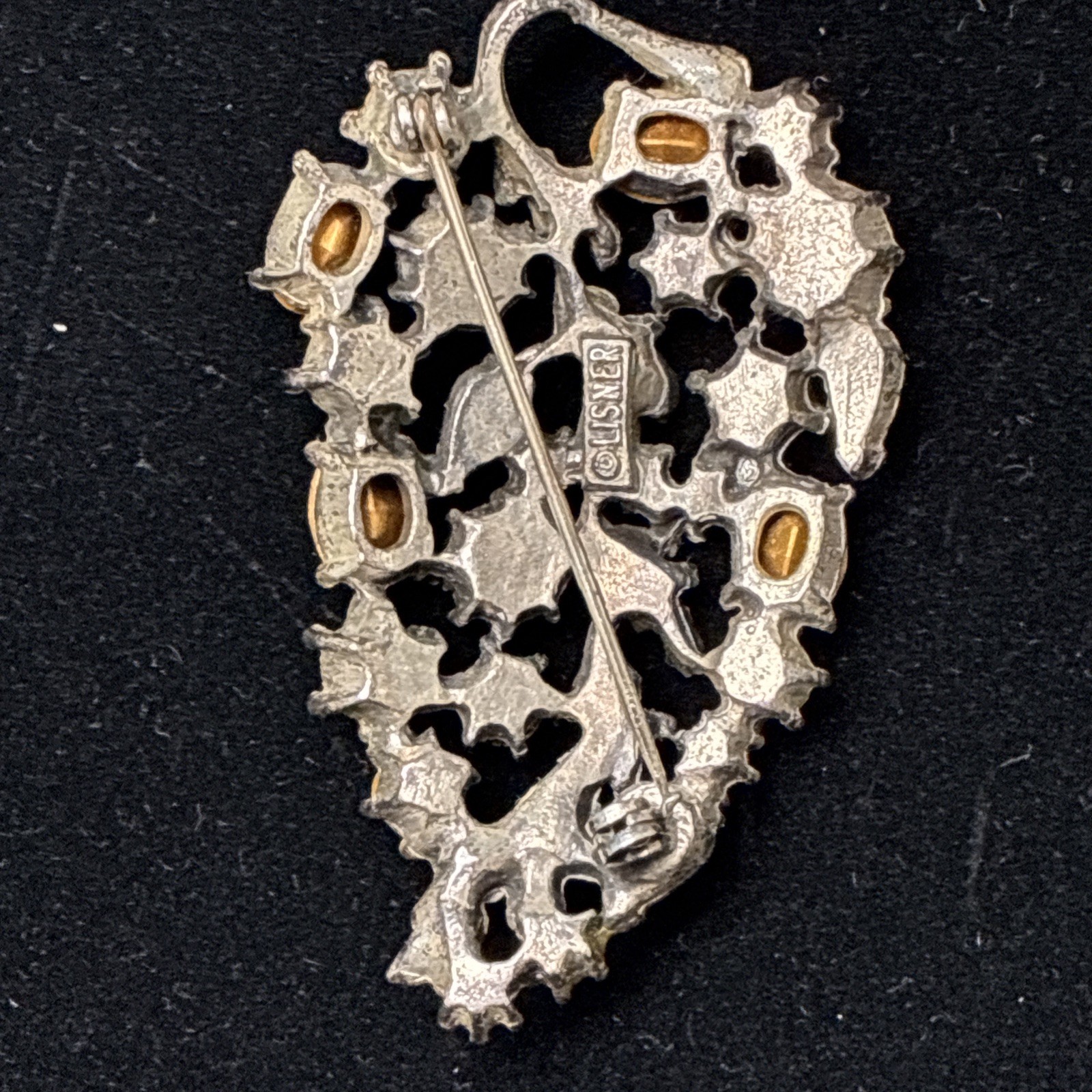 Vintage LISNER Signed Rhinestone Leaf Brooch Silv… - image 9