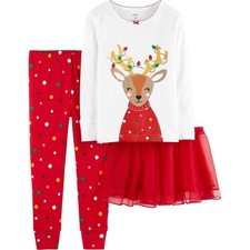 New 3pc Carter's Polka Dot Reindeer PJS Pajamas  Red Tutu Set Size 18 mo NWT