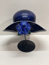 Brian Benno Hand Blown Glass Sculpture Hat Blue with Blue Flower Signed