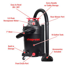 Shop-Vac 16-Gallon 5.5 HP Corded Wet/Dry Shop Vacuum with Accessories 5430435