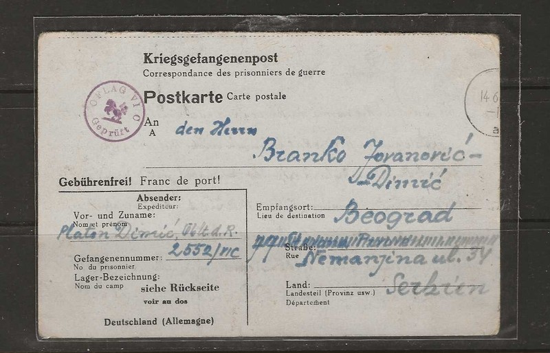 CHESS GERMANY WW2 POW MAIL, STALAG VI C ...CENSOR MARK. SENT 7/11/44