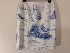 Talbot  s Vintage Irish Linen Blue Toile Print Skirt Petite 6 Cottagecore Preppy