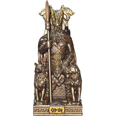 Miniatur Germanischer Gott Odin auf seinem Thron mit seinen Wölfen und Raben