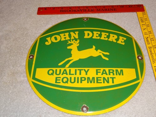 VINTAGE JOHN DEERE FARM EQUIPMENT 11 3/4" PORCELAIN METAL DEER GASOLINE OIL SIGN