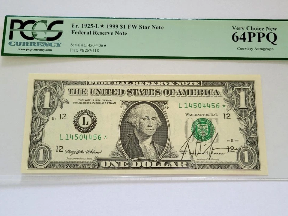 Fr. 1925-L* 1999 $1* PCGS 64 PPQ STAR Note, Courtesy Autographed - Image 3 of 4