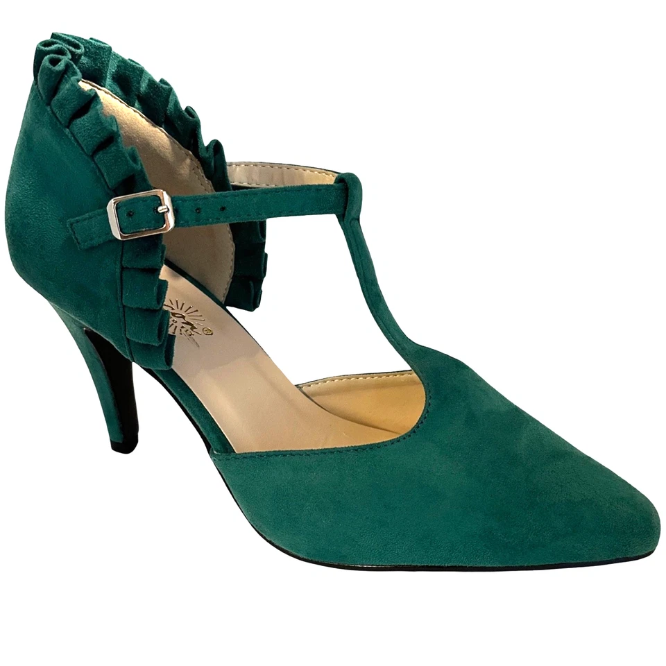Women's New Beacon Green Silky Micro Suede T-Strap Ruffle Dress Heels Shoes 8.5W - Image 4 of 4
