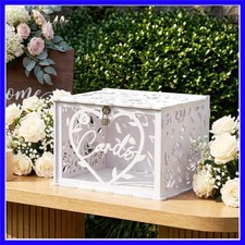 Elegant 12.2" x 9.2" White Wedding Card Box with Lock for Secure Gift Storage