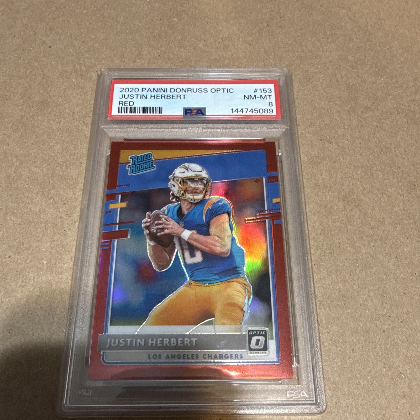 2020 Panini Donruss Optic Justin Herbert Rated Rookie Red PSA 8