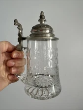 Rastal 1978 Intaglio Carved Crystal Glass Pewter Lidded Stein Germany 7.25”