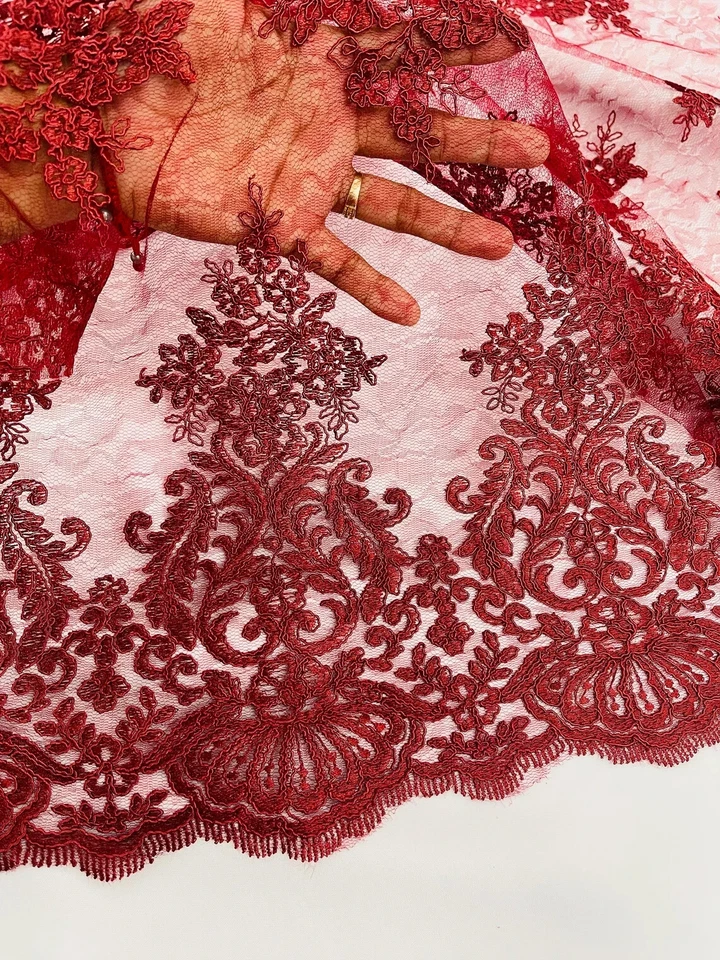 Floral Damask Corded Fabric - Burgundy Embroidered Floral Design with Damask - Image 2 of 4