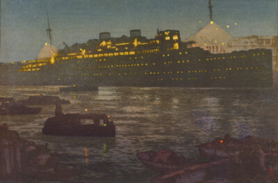 Japanese Art Print Repro Ocean Liner ''Night in the Harbor'' YOSHIDA HIROSHI