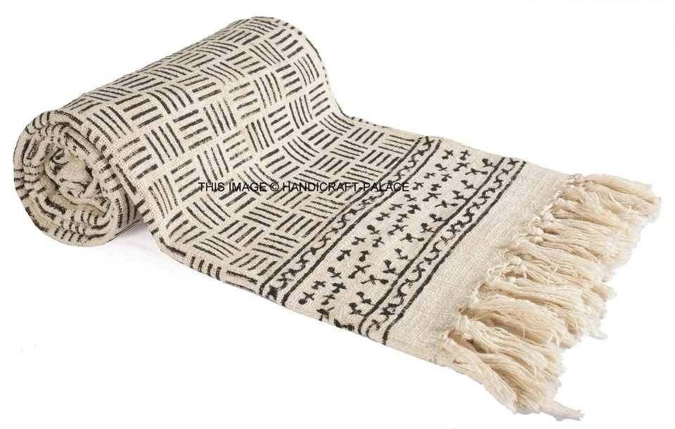 New Indian 100% Cotton Large Hand Block Print Blanket Tassel Throw Rug 132x182cm - Image 3 of 3