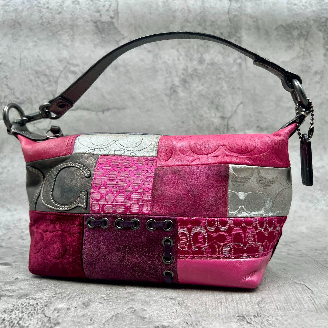 バッグ Coach Signature Patchwork Hand Bag Pink COACH Signature Patchwork Mini Pouch Shoulder Pink Y2K