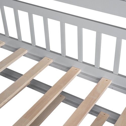 Wooden Twin Size House Bed with Trundle and Storage, Kids Bed with Shelf, Gray - Picture 14 of 15