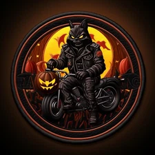 Halloween Patch Iron-on Applique Cat on Motorcycle Pumpkin Spooky Decorative