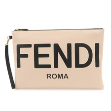 FENDI Logo Leather Clutch Bag Cosmetic Pouch Hand Strap Pink Authentic Used F/S