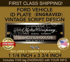 SERIAL NUMBER FORD ID TAG DATA PLATE VINTAGE SCRIPT DESIGN CUSTOM ENGRAVED USA