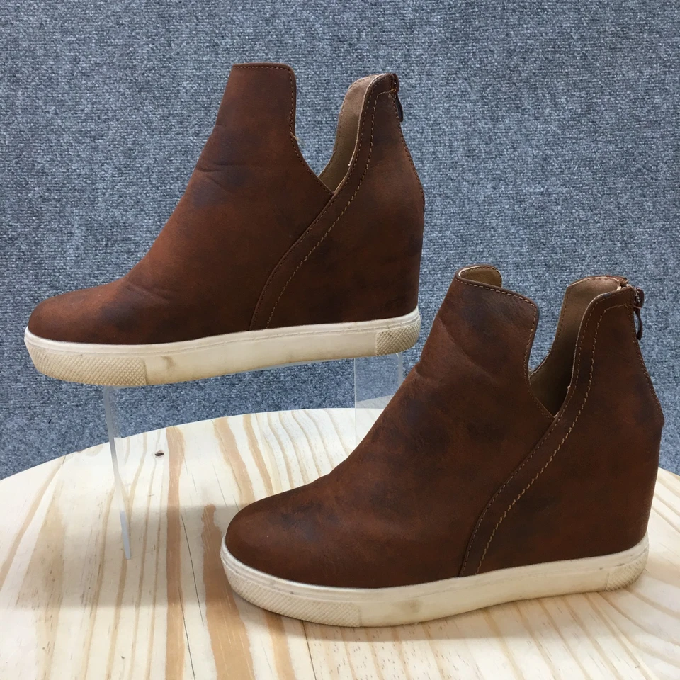 Botas Volátiles Para Mujer 7 Informales Cremallera Trasera Botín de Cuña Oculto Marrón Imitación Cuero Foto 2 de 4